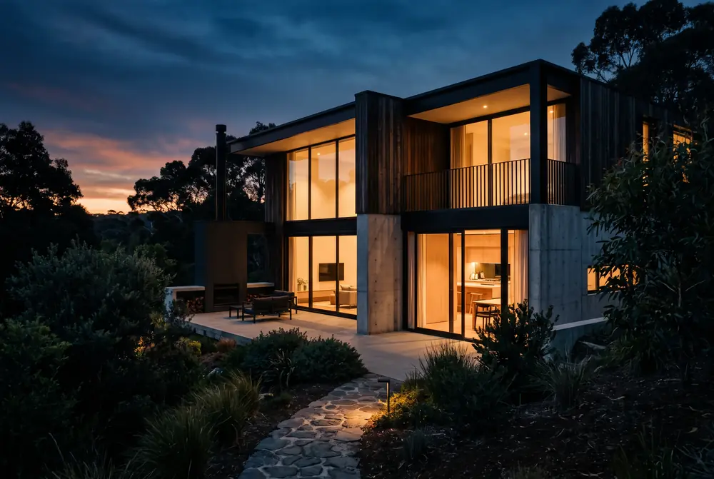 Modern house exterior at dusk
