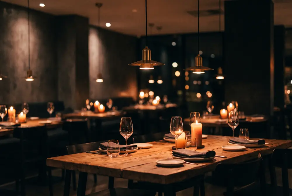 Dimly lit restaurant interior
