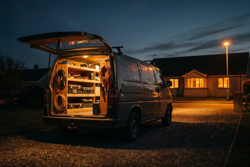 Contractor work van at dusk